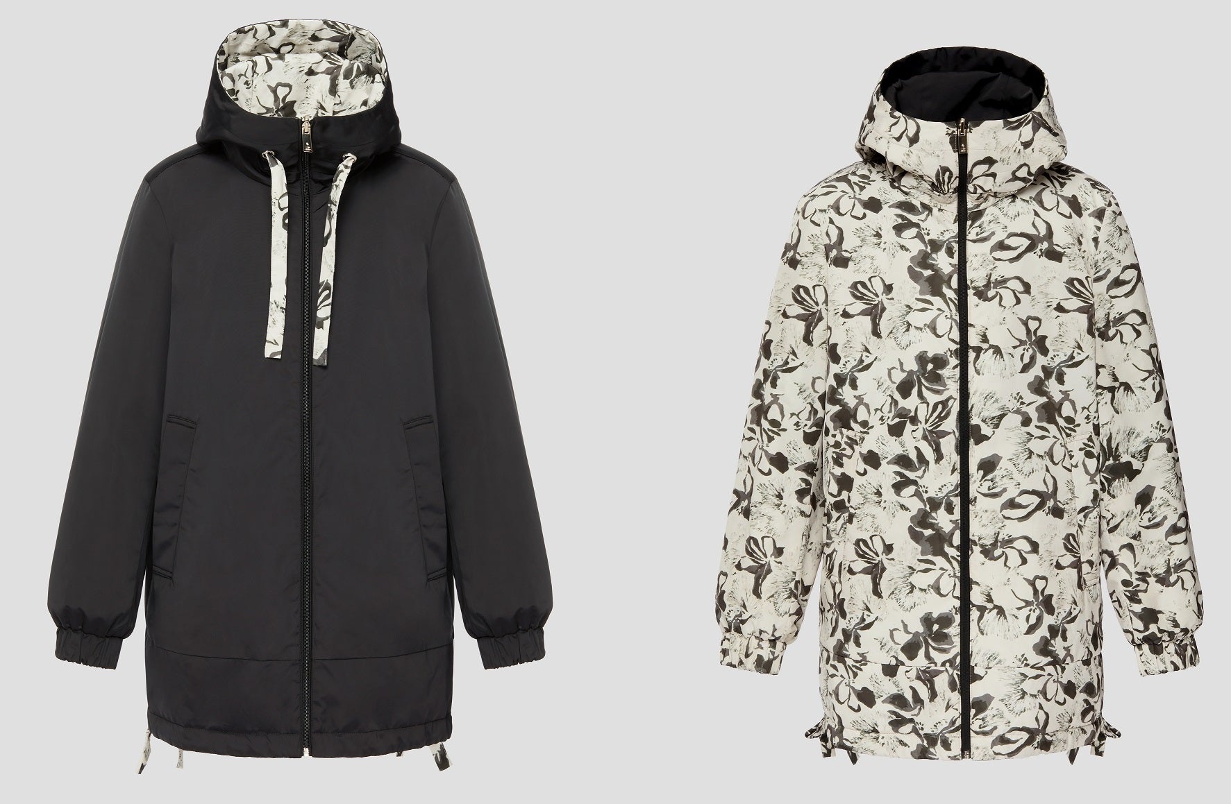 Geacă reversibilă matlasată Madzerini pentru damă, neagră cu imprimeu floral alb-negru.