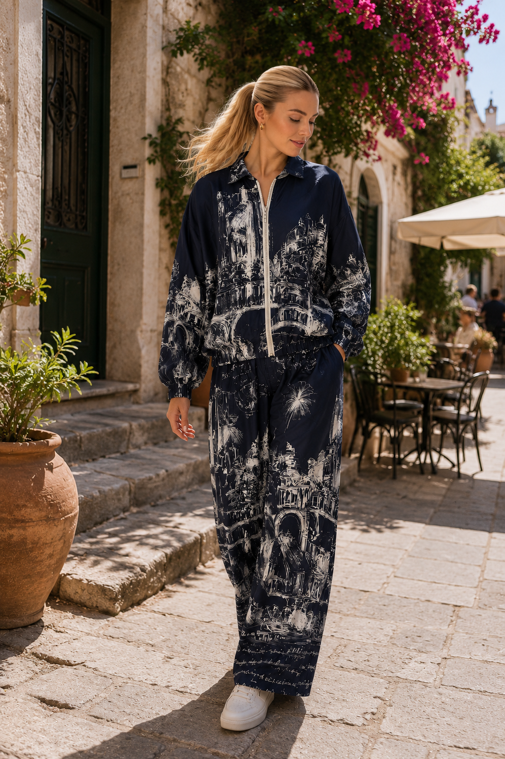 Set damă bleumarin cu imprimeu artistic urban | Jachetă bomber și pantaloni largi
