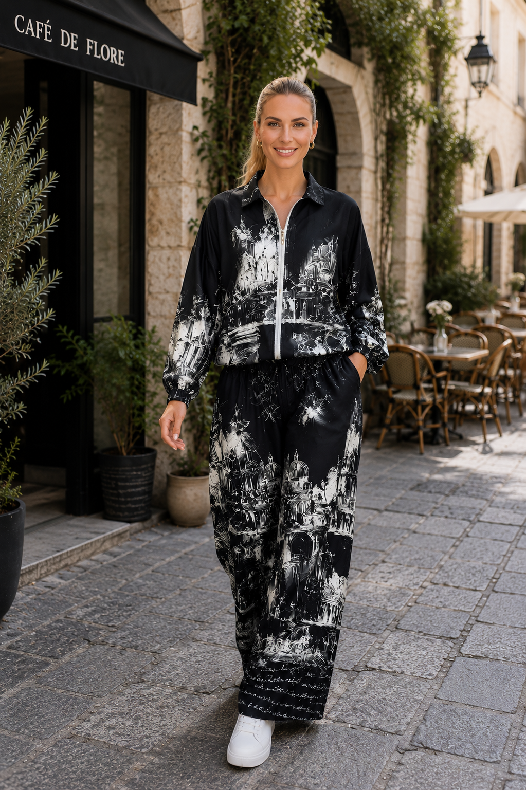 Set damă negru cu imprimeu artistic alb | Jachetă bomber și pantaloni largi eleganți