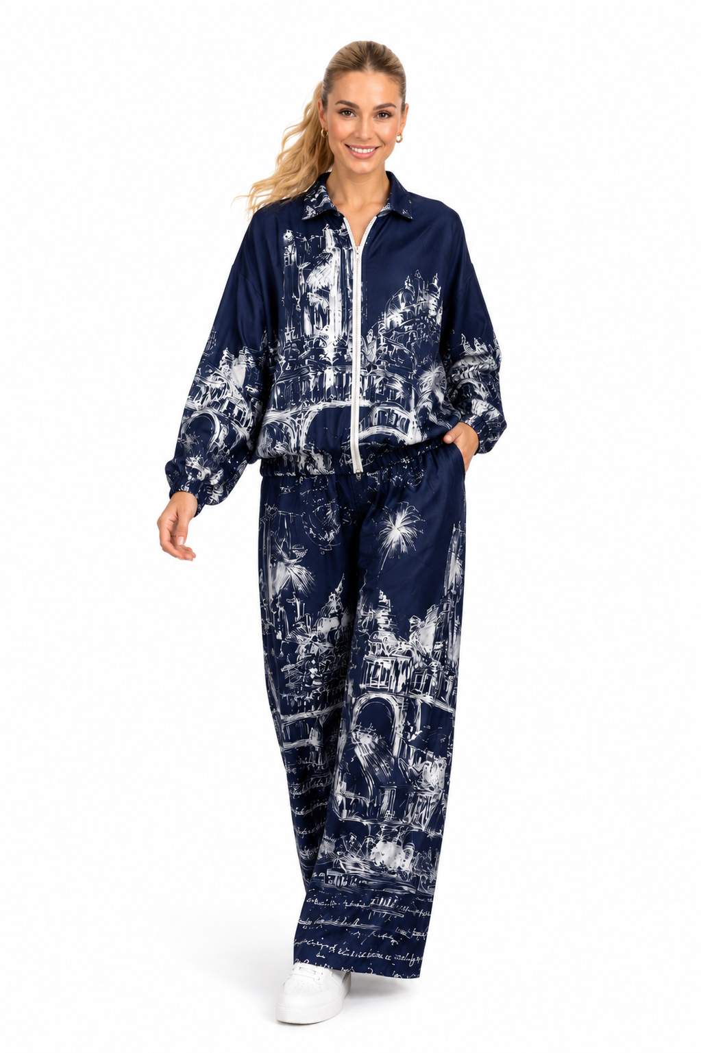 Set damă bleumarin cu imprimeu artistic urban | Jachetă bomber și pantaloni largi