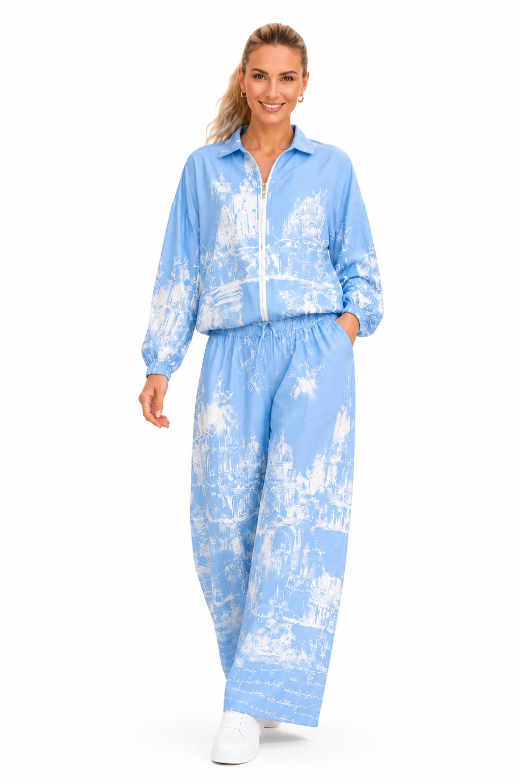 Set damă bleu cu imprimeu artistic | Jachetă bomber și pantaloni largi eleganți