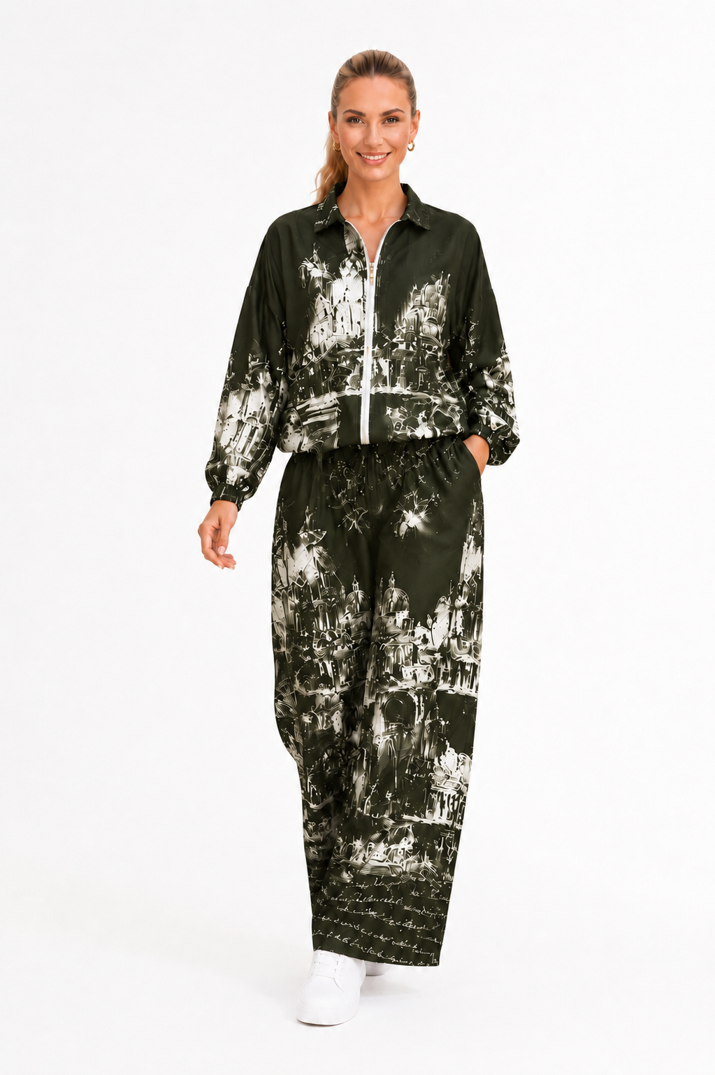 Set damă verde cu imprimeu artistic alb | Jachetă bomber și pantaloni largi eleganți