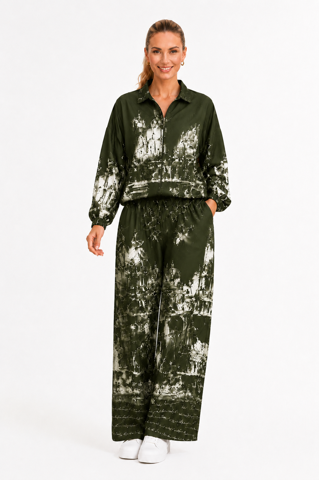 Set damă verde cu imprimeu artistic alb | Jachetă bomber și pantaloni largi eleganți