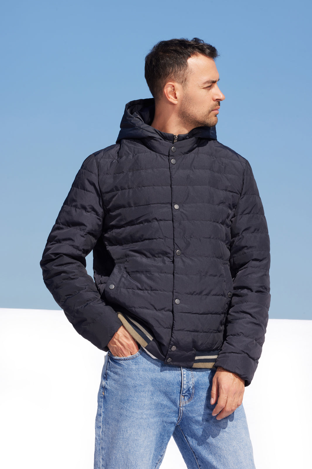 Geacă bărbați dark navy cu glugă, Madzerini, vedere laterală.