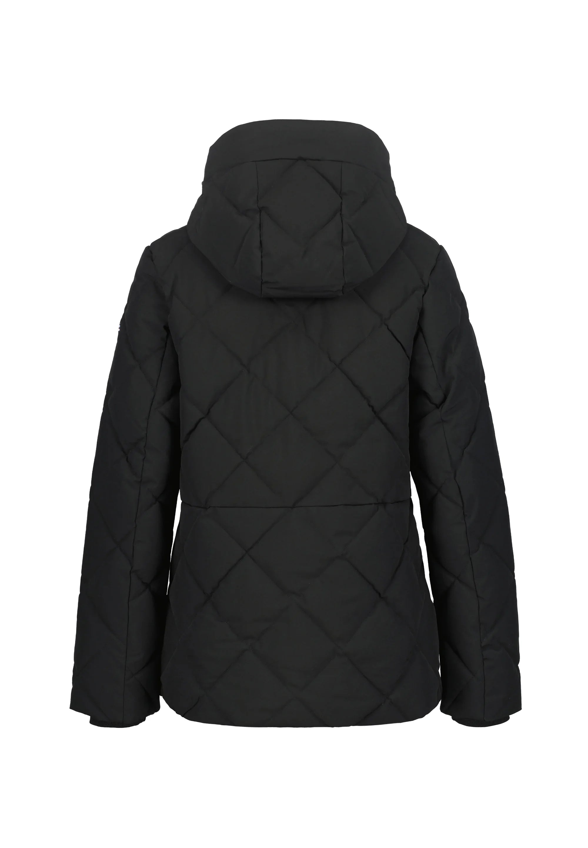 Geacă matlasată neagră Madzerini, cu glugă și model geometric.