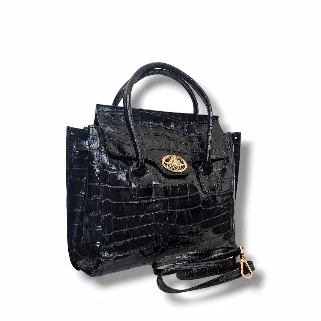 Geantă damă din piele naturală Parma Black Crocco Big Tote – Negru Croco | Made in Italy